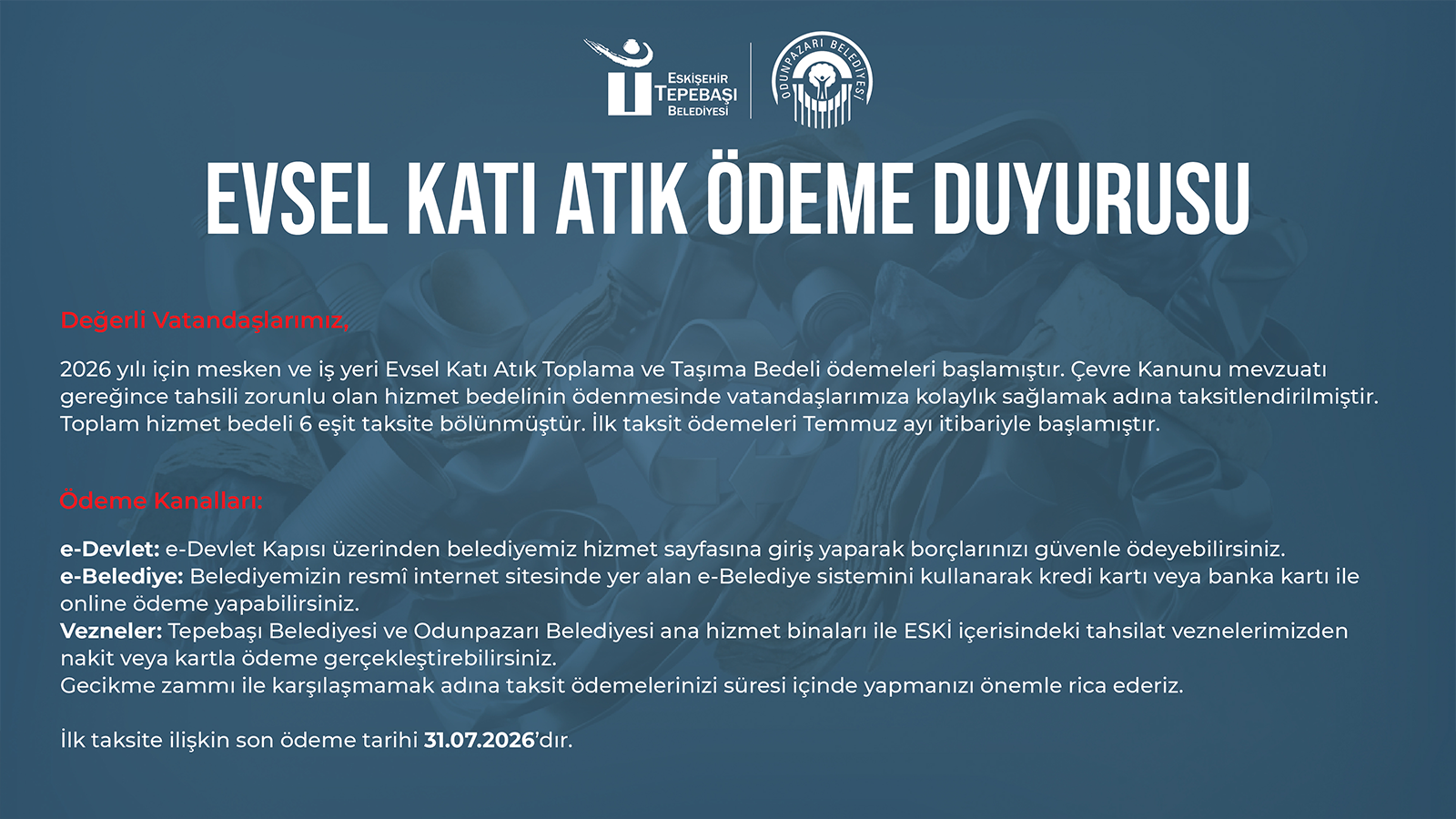 Evsel Katı Atık Ödeme Duyurusu